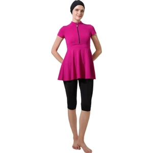 Hızlı Kuruyan Mayo Kumaşı Yarım Fermuarlı Kısa Kollu Taytlı Kadın Mayo 2438