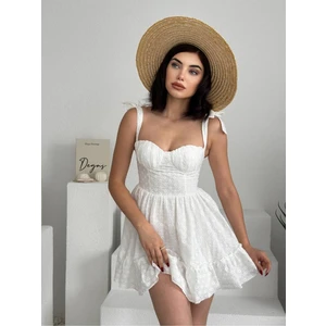 Melek Kostak Kadın Beyaz Brode Omuz Bağlamalı Eteği Volanlı Fisto Mini Prenses Elbise Marina Elbise