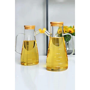 2'li Bambu Kapaklı Cam Yağdanlık Vakumlu Borosilikat Cam Sirkelik Zeytinyağı Şişesi Yağlık 900 Ml.