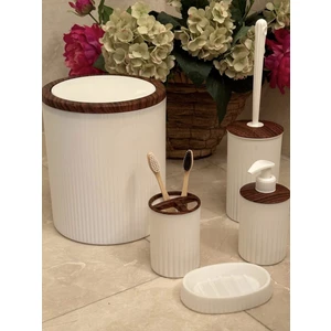 Makri Home Banyo Seti 5'Li Beyaz Ahşap Desenli Yuvarlak Plastik