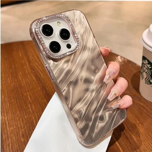 M.tk moveteck Iphone 15 Pro Max Kılıf Kristal Elmas Taşlı Dalgalı Parlak Simli Silikon Lens Çercevesi Parıltılı