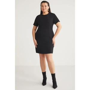 Tracibb Kadın Yuvarlak Yaka Örme Interlok Kumaşlı Mini Siyah Büyük Beden Elbise
