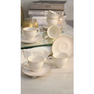 Kitchen Life 12 Parça 6 Kişilik Sadegül Çizgili ve Altın Yaldızlı Kahve Fincan Takımı - Kahve Fincanı Seti