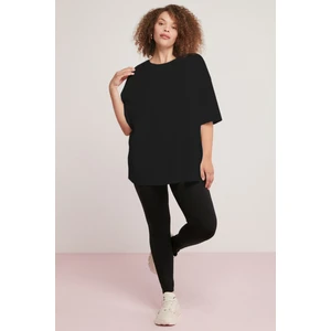 Gabrielle Kadın Bisiklet Yaka Yakası Kaşkorse Oversize Düz Siyah Büyük Beden T-Shirt