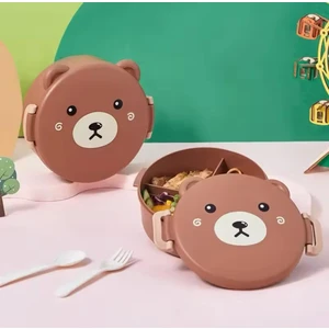 3 Bölmeli Çocuk Beslenme Kutusu Sevimli Ayıcıklı Beslenme Kaşıklı