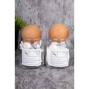 Moda Ozy 2'li Ahşap Top Kapaklı Kulak Pamuğu & Makyaj Pamuğu Organizatörü 300 ml Kavanoz Pamukluk