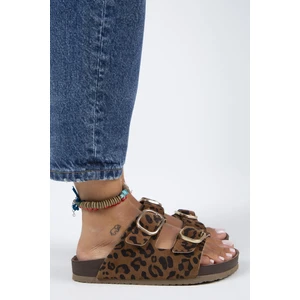 Jazmin Leopar Kadın Deri Çift Tokalı Taba Terlik
