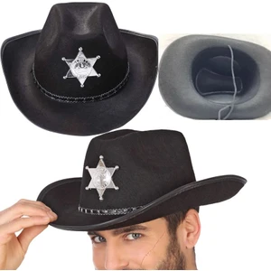 Şerif Rozetli Bağcıklı Yetişkin Keçe Kovboy Şapkası Siyah Renk Retro