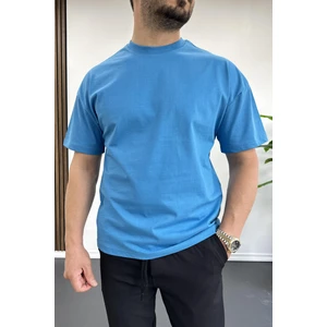Erkek Oversize %100 Pamuk Nefes Alan Basic T-shirt Mavi Edw038