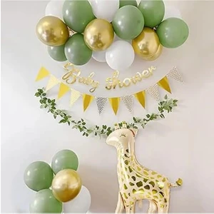 Bkmc Party Zürafa Folyolu Küf Yeşili Deniz Kumu ve Gold Balonlu Konsept Doğum Günü Parti Seti Süsü