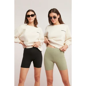 Bernadette Kadın Fitilli Görünümlü Ve Süprem Kısa Vücudu Saran Basic Siyah - Yeşil Tayt