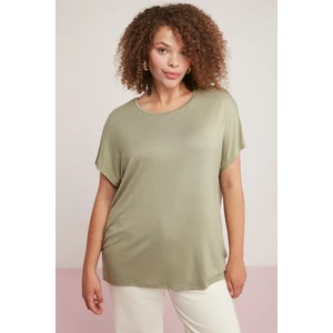 Amanda Kadın Viskon Karışımlı Dökümlü Kısa Kollu Oversize Haki Büyük Beden T-Shirt