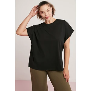 Dory Kadın Yarasa Kol Yuvarlak Yaka 100% Pamuk Siyah Büyük Beden T-Shirt