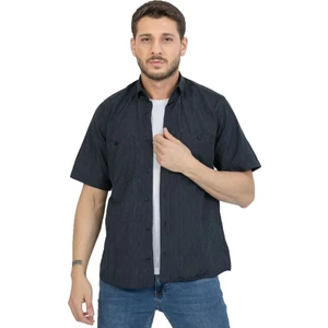 Erkek Lacivert Çift Cepli Kısa Kollu Çizgili Pamuklu Yazlık Gömlek