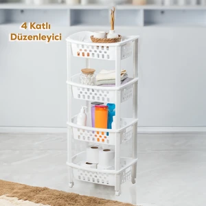 79-1 4 Katlı Tekerlekli Organizer Raf Çok Amaçlı Mutfak Banyo Düzenleyici Raf Ünitesi Beyaz
