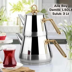 Piramit Gold Metal Kulplu Kendinden Süzgeçli Aile Boy Çelik Çaydanlık