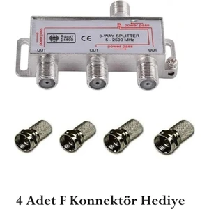 3 Lü Splitter + 4 Adet F Konnektör 1/3 Anten Çoklayıcı Bölücü Dağıtıcı 1 Giriş 3 Çıkış 2500MHZ