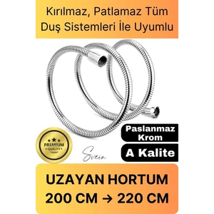 Lüks Paslanmaz Krom Kırılmaz Çatlamaz Tüm Duş Sistemleriyle Uyumlu Uzayan Spiral Hortum Örgü 2,2 mt