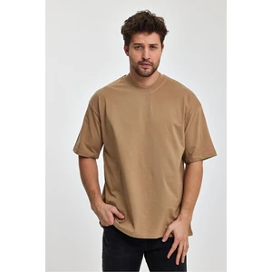 Combine Michail Erkek Oversize Fit Kalın Kumaş Dokulu Bisiklet Yaka T-Shirt - Karamel