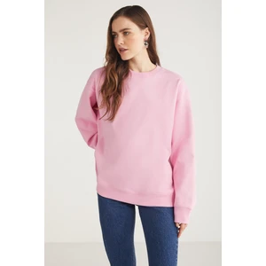 Karius Kadın Pamuk İçi Polarsız Yuvarlak Yaka Regular Fit Pembe Sweatshirt