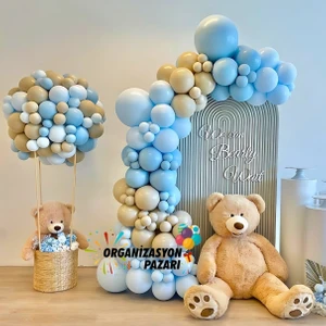 Organizasyon Pazarı Balon Seti Fırtına Mavi-Deniz Kumu-Makaron Mavi 100 Lü Balon Zinciri Seti