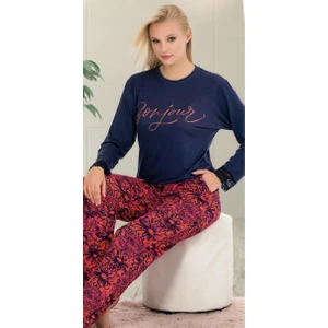 Lacivert Kırmızı Çiçekli M-L-XL Penye Pijama Takımı