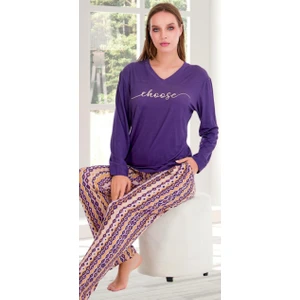 Mor Uzun Kollu Renkli Desenli M-L-XL Penye Pijama Takımı