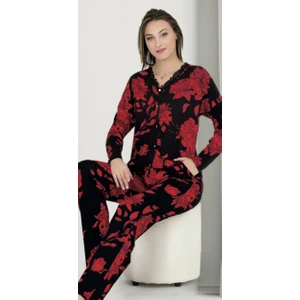 Siyah Üzeri Kırmızı Çiçekli M-L-XL Penye Pijama Takımı