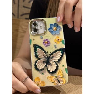 Paladyum Case iPhone 12 Uyumlu Lens Korumalı Simli Kelebekli Çiçekli Kılıf