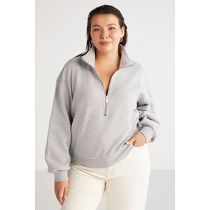 Luciebb Kadın İçi Polarlı Yumuşacık Comfort Fit Yarı Fermuarlı Grimelanj Büyük Beden Sweatshirt