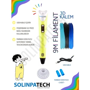 Sarı 3D Pen Üç Boyutlu Yazıcı Kalem Printer (3 Adet 3 Metre Filament -9 Metre- ve USB Kablo Dahil)