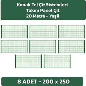 Konak Tel Çit Sistemleri 8 Adet 200X250 cm Çit Teli - 8 Adet Panel Çit Direği 200CM Takım Antrasit-Yeşil