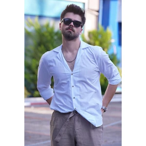 Beyaz Keten Apaj Yaka Oversize Erkek Gömlek