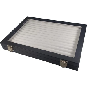 Özer Kutu Camlı Kapaklı Rulo Yuzuk-Takı Tablası Siyah Deri / Içi Beyaz