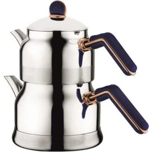 Tombik Elit Bakalit Kulplu Çaydanlık Aile Boy Mavi Altın