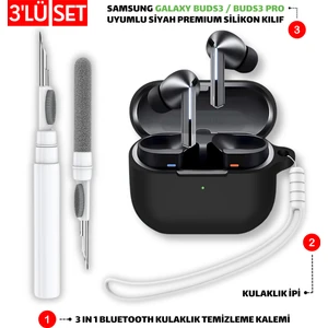 Samsung Galaxy Buds3 ve Pro Uyumlu Silikon Kılıf Kulaklık İpi ve Temizleme Kalemi Seti