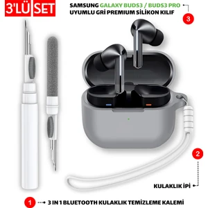 Samsung Galaxy Buds3 ve Pro Uyumlu Silikon Kılıf Kulaklık İpi ve Temizleme Kalemi Seti
