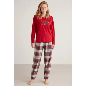 Yumuşak Dokulu Yılbaşı Temalı Ekoseli Uzun Kol Kadın Pijama Takım W606
