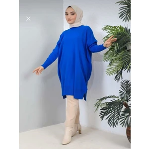 SFG Life Moda Kadın Bisiklet Yaka Eteği Yırtmaçlı Şık Merserize Salaş Triko Tunik