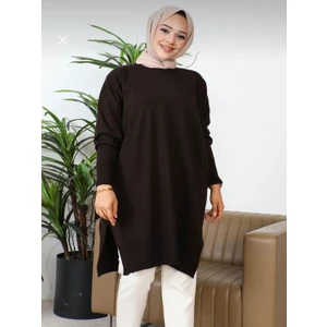 SFG Life Moda Kadın Bisiklet Yaka Eteği Yırtmaçlı Şık Merserize Salaş Triko Tunik