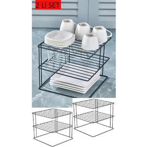 Eva Metal Tasarım Metal Siyah 2 Adet Tabaklık 3 Katlı Dolap Içi Tabak Mutfak ve Tezgah Düzenleyici Raf. Siyah Mutfak