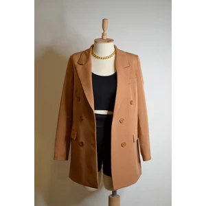 Dlq Kadın Dökümlü Oversize Kruvaze Blazer Ceket Kahverengi Düğmeli Uzun Camel