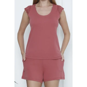 Kadın Şortlu Pijama Takımı Dantelli Sıfır Kol Likrali Cepli Kaşkorse Kiremit