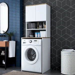 KD101 Çamaşır Makinesi Dolabı 3 Raflı Kapaklı Banyo Dolabı Beyaz - Sepet Ceviz