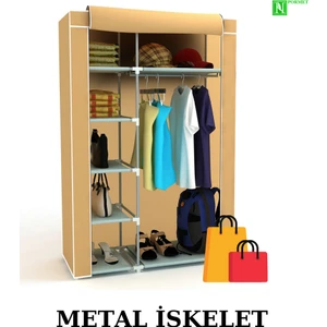 Bez Dolap Metal Iskelet Fermuarlı Tyr Portatif Gardırop  Bej