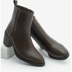 Kadın Topuklu Bot Sivri Burun Fermuarlı Cerin Kahve