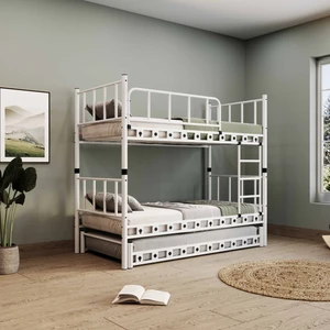 Zambak Yavrulu Genç Çocuk Odası Metal Ranza ve Karyola 90x190 Beyaz