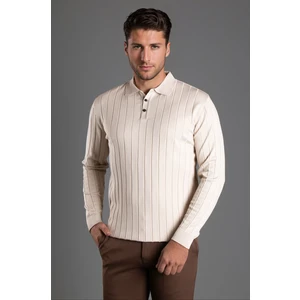 Zeki Özer Erkek Bej Dokulu Çizgili Polo Triko Kazak