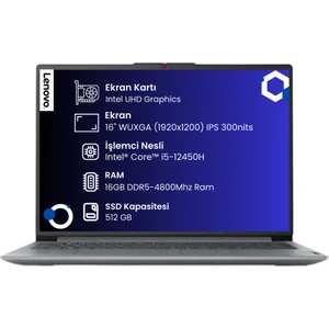 Ideapad Slim 3 16IAH8 Intel Core I5-12450H 16GB 512GB SSD 16" Wuxga (1920X1200) IPS Panel Freedos Taşınabilir Bilgisayar 83ES002HTR