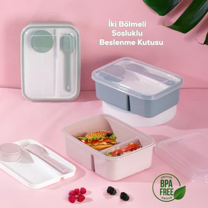 1183 Kendinden Kaşık Çatallı Sosluklu Bölmeli Beslenme Kabı - Taşınabilir Lunch Box Pembe